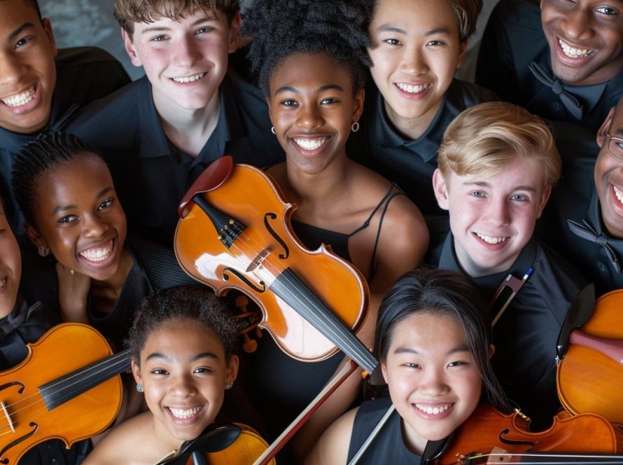 Young violinists smiling - K&M Music School Music Lessons for Kids and Adults in San Diego