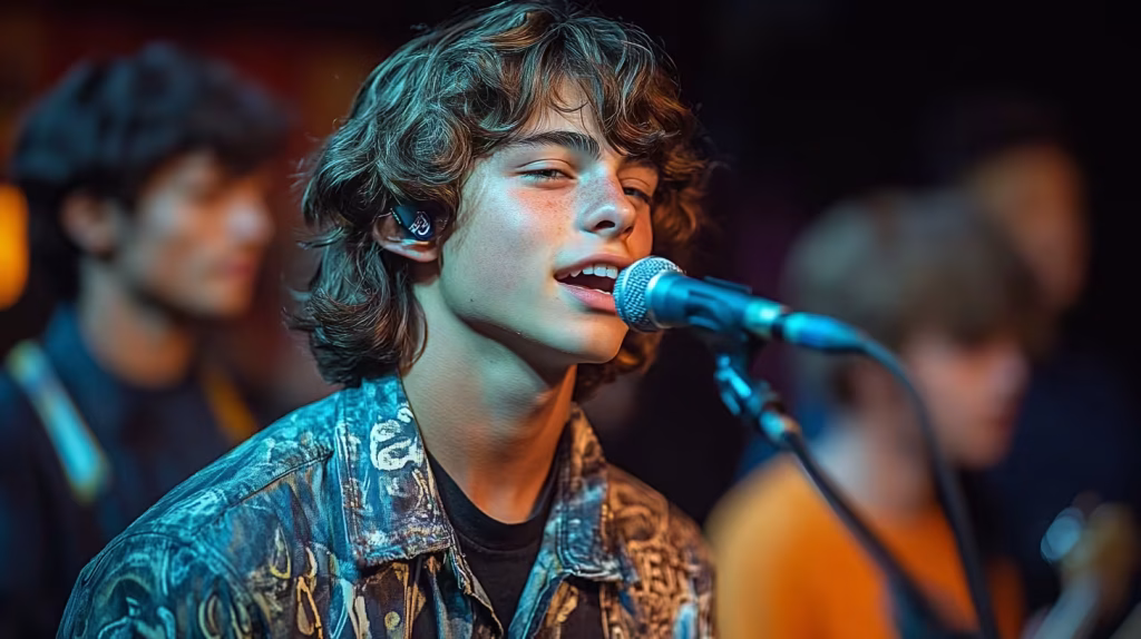 Student performing with band during live music session