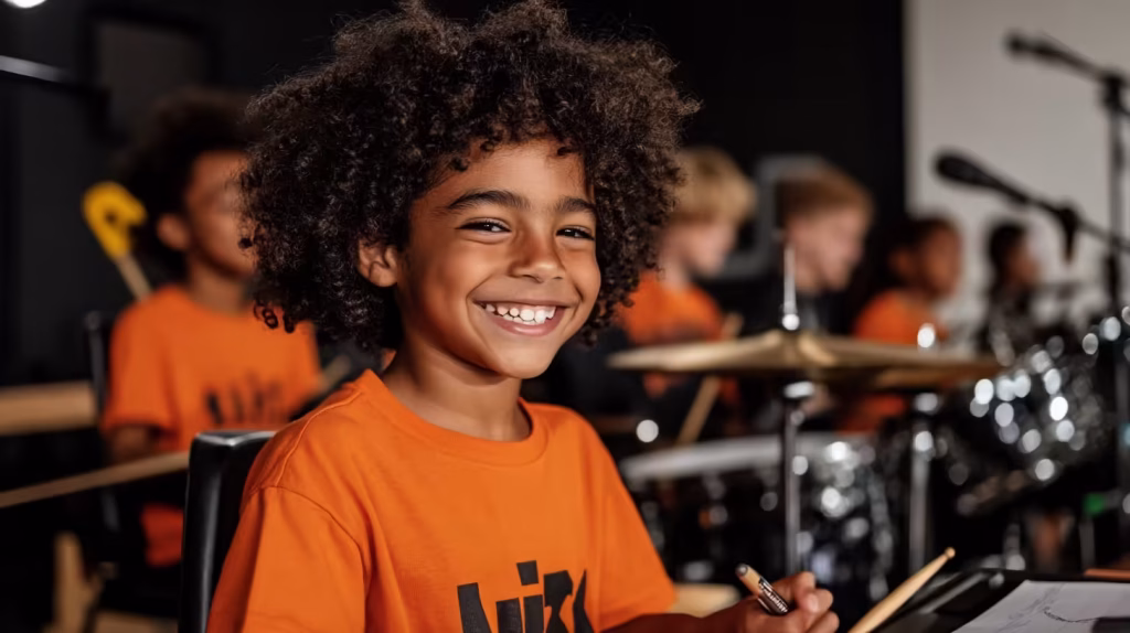 Smiling child drummer participating in music camp songwriting workshop