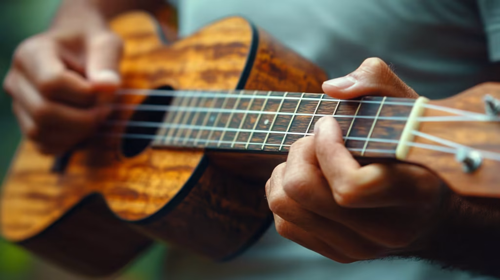 Close-up of fingers playing ukulele strings