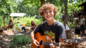 Young camper smiling while playing guitar outdoors