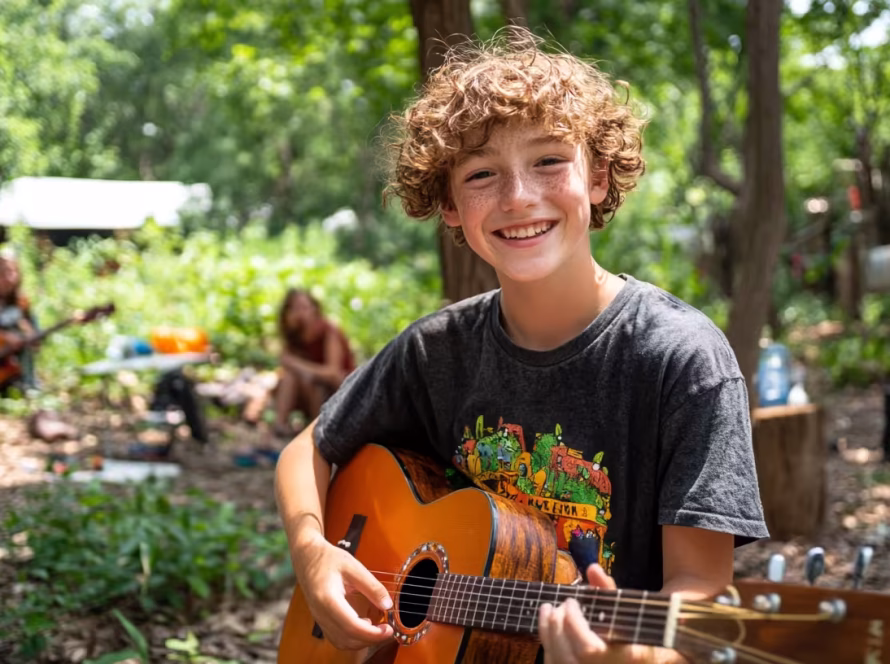 Young camper smiling while playing guitar outdoors