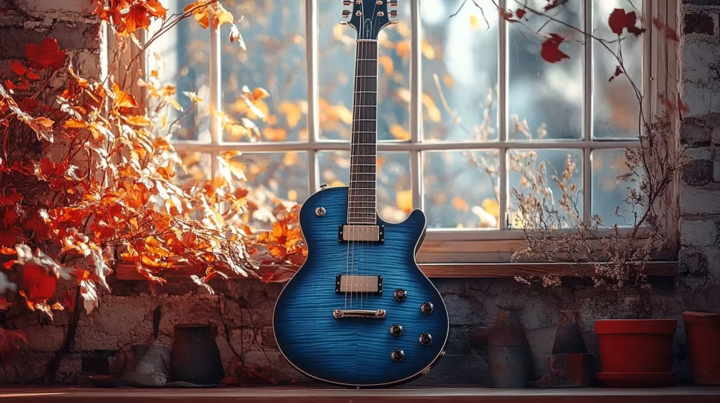 Blue electric guitar with autumn leaves at K&M Music School