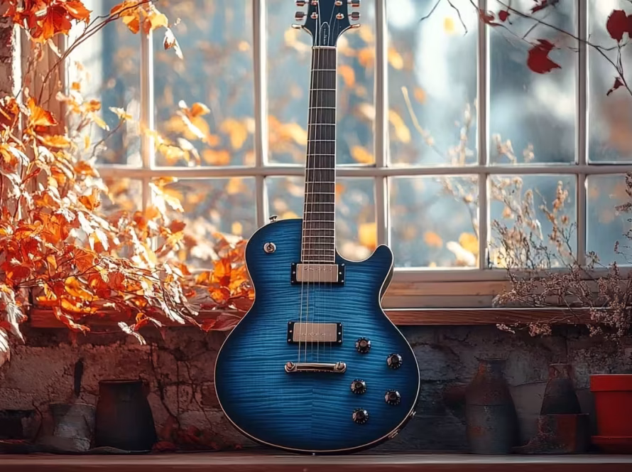 Blue electric guitar with autumn leaves at K&M Music School