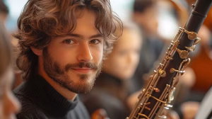 Adult bassoon student focusing during music lesson