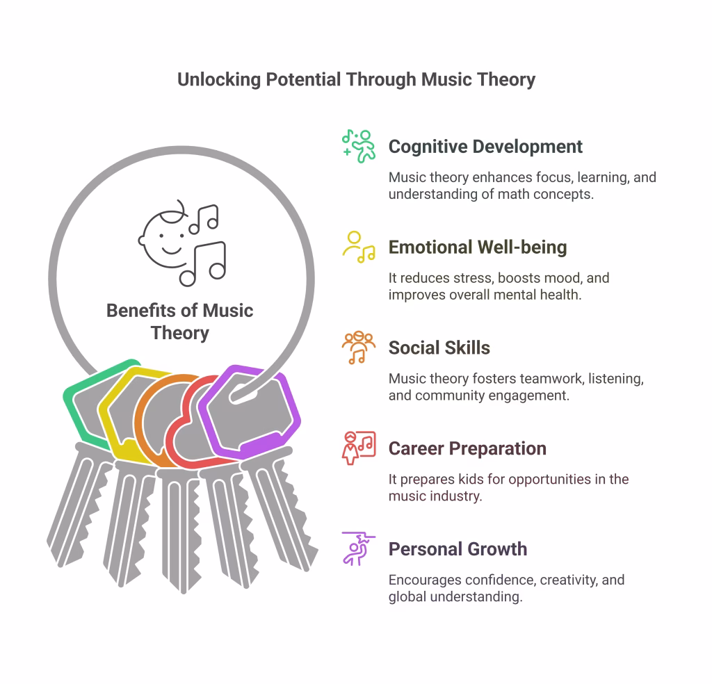 nfographic showing the benefits of learning music theory, including cognitive development, emotional well-being, social skills, career preparation, and personal growth