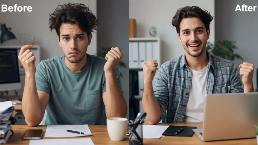 Before and after image of a man improving his mood and focus