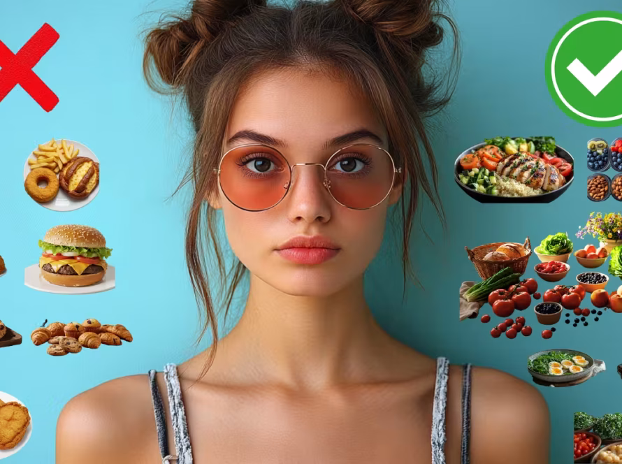 Comparison of unhealthy and healthy food choices with a woman in sunglasses promoting a balanced diet.
