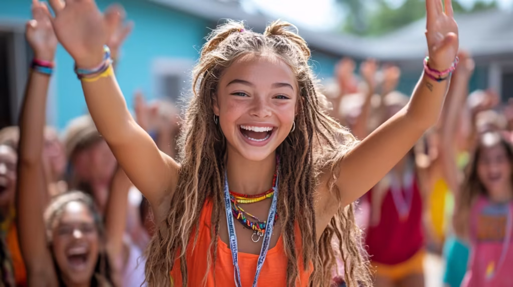 Campers celebrating together with high-fives and smiles