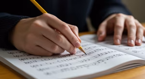 Students focused on studying music notation during a lesson at K&M Music School