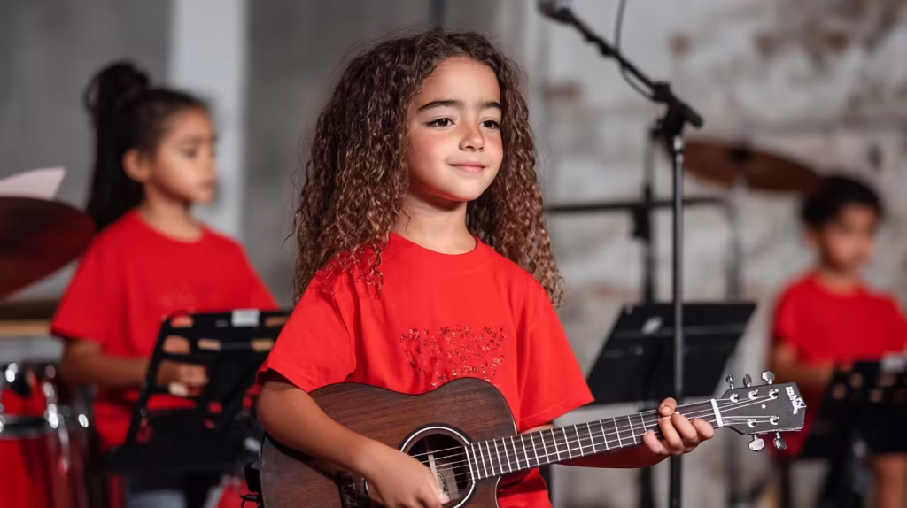 young girl playing guitar performance
