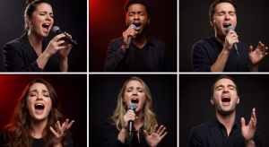 Six singers performing on stage with microphones, expressing emotion in their singing