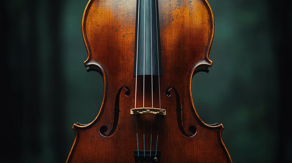Close-up of a cello with a beautifully crafted wooden body, highlighting the elegant curves and intricate details of the instrument at K&M Music School.