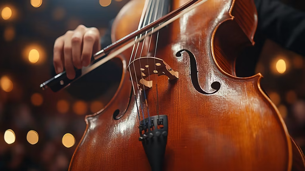 Close-up of a cellist's hand holding the bow correctly while playing, demonstrating the importance of proper bow technique for a smooth, squeak-free sound at K&M Music School.