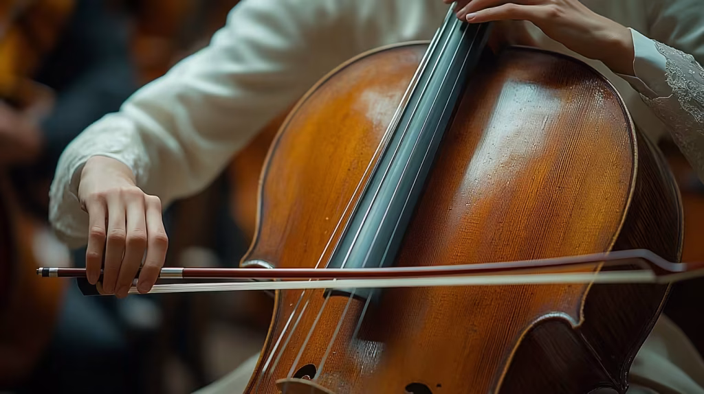 A close-up of a cellist's hand and bow technique, showing precise finger placement and bow movement for optimal sound production at K&M Music School.
