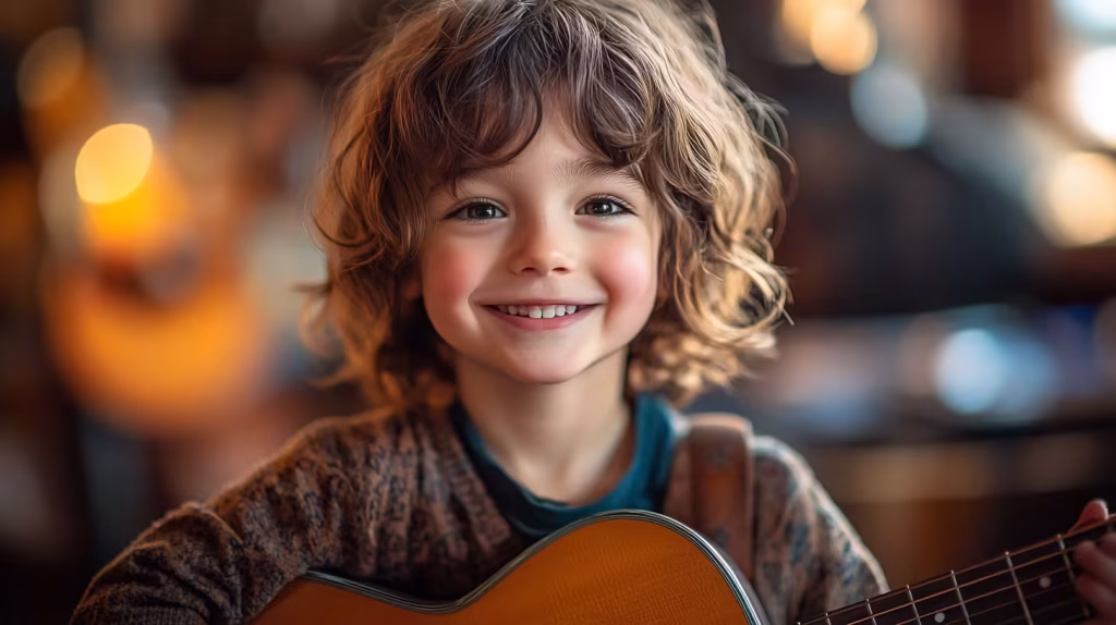 A proud young child smiles after successfully playing guitar during their music lesson at K&M Music School.