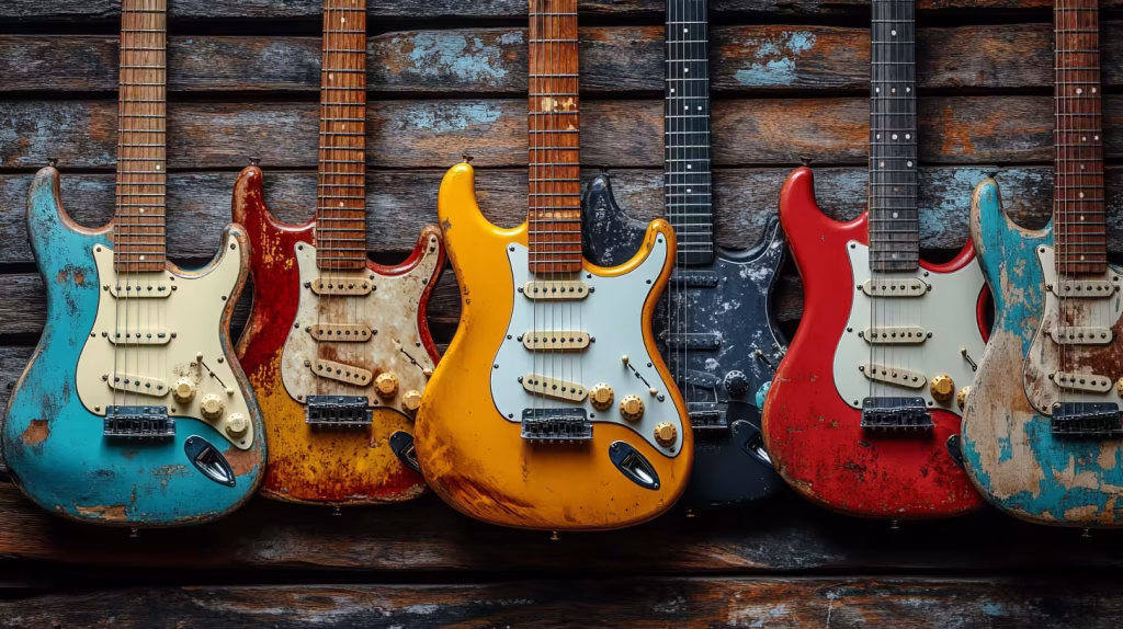 A collection of vintage guitars with different neck widths, showcasing the variety of instruments available for guitar lessons at K&M Music School.