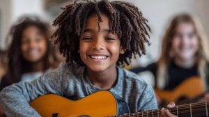 Group of young guitar learners collaborating during a music lesson at K&M Music School