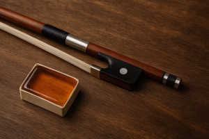 Violin bow and yellow rosin on a wooden table