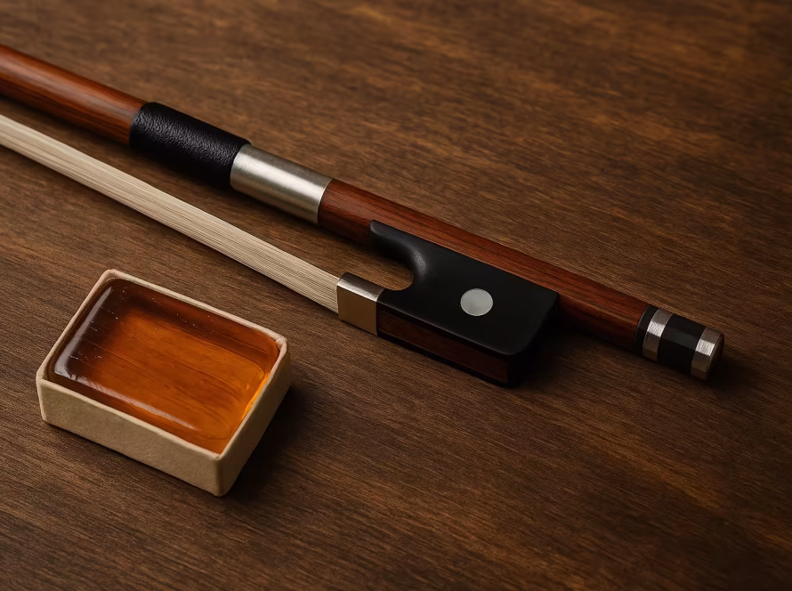 Violin bow and yellow rosin on a wooden table