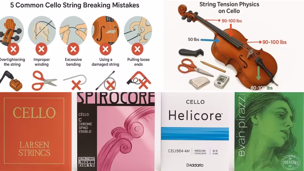 Common cello string mistakes, tension chart, and string brand packaging