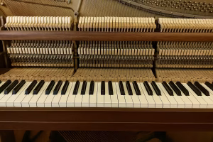 Close-up of upright piano key and hammer mechanism showing how sticky keys can be fixed without a technician
