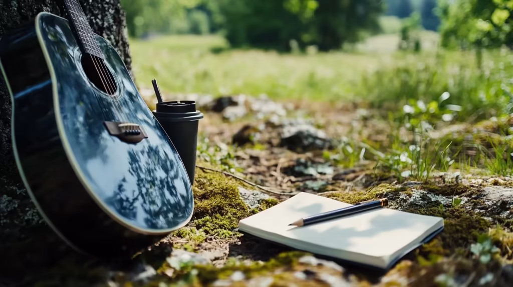 Acoustic guitar leaning against a tree with a notebook and pencil on mossy ground, symbolizing a peaceful outdoor songwriting camp setting