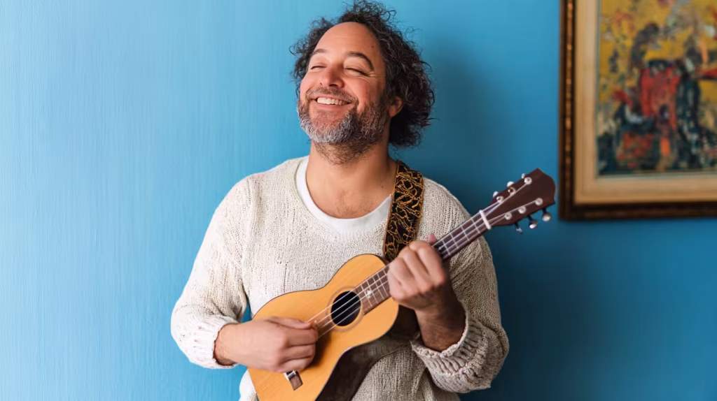 Smiling adult practicing ukulele at home, showing joy and focus during a 15-minute daily music routine