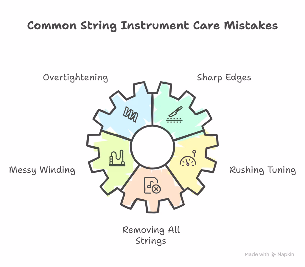 Infographic of common string instrument care mistakes including overtightening and messy winding