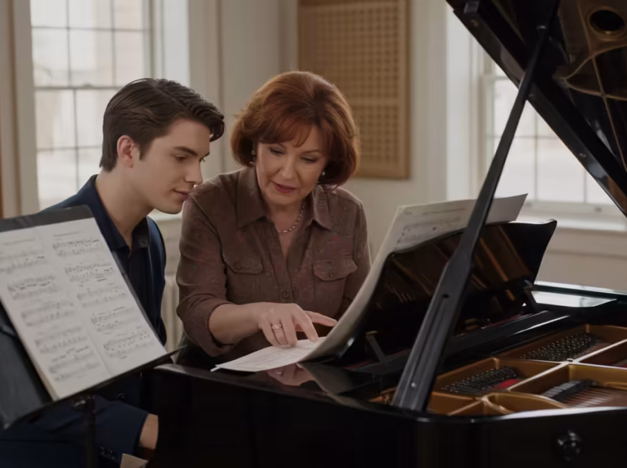 Music teacher helping a student understand a complex piece of classical or jazz repertoire at the piano.