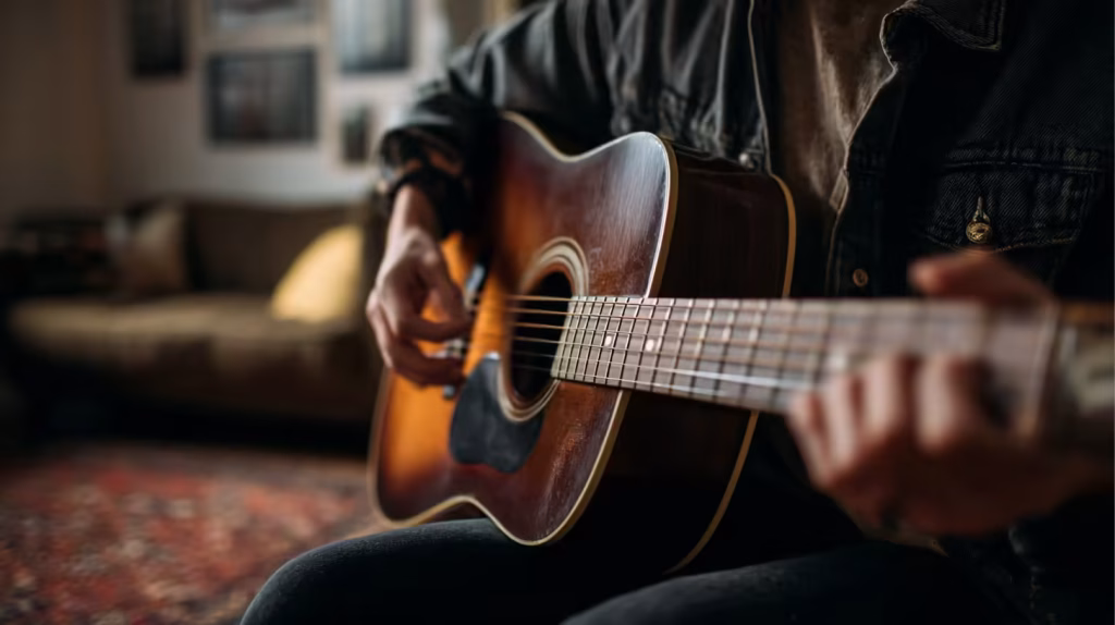Close-up of an adult practicing chords on an acoustic guitar, the core activity when returning to music lessons