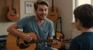 An enthusiastic guitar teacher engages a young student during a private lesson, reflecting our school's philosophy on positive instruction.