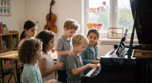 Young students learn together in a collaborative group piano lesson, a key focus when considering the value and cost-effectiveness of music education.