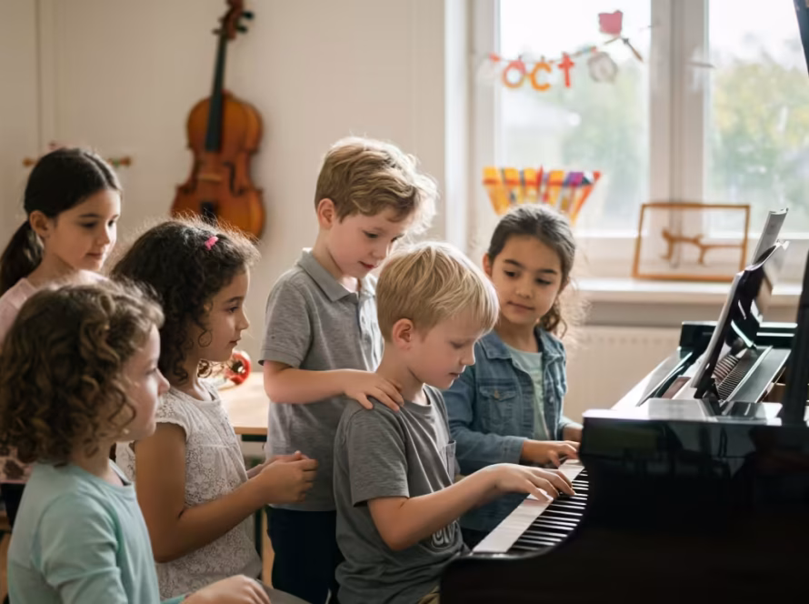 Young students learn together in a collaborative group piano lesson, a key focus when considering the value and cost-effectiveness of music education.