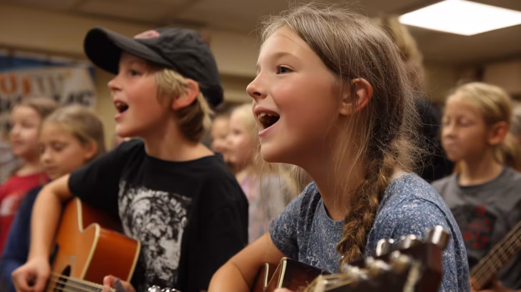 Two children sing with enthusiasm while playing guitar in a group lesson, showing the joy of accessible music education.