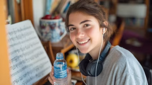Teen musician smiling with headphones and water bottle beside sheet music, staying hydrated for healthy singing.