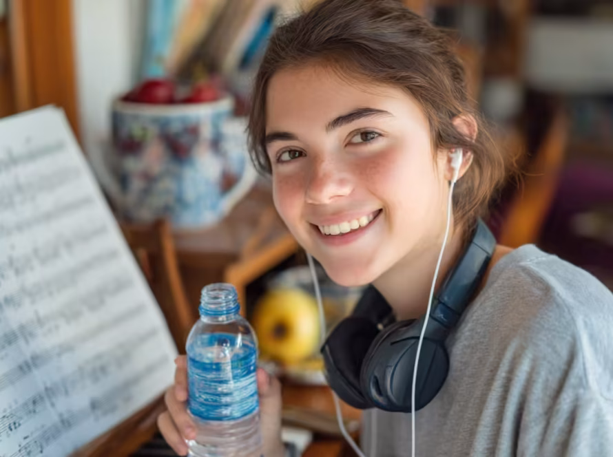 Teen musician smiling with headphones and water bottle beside sheet music, staying hydrated for healthy singing.