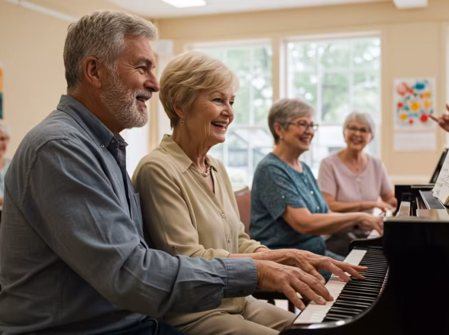 Group of smiling seniors playing piano together in a fun, supportive environment.