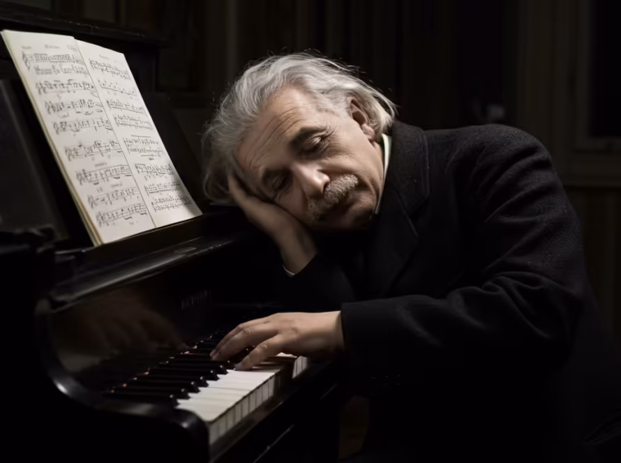 Albert Einstein resting his head on a piano while holding down the keys