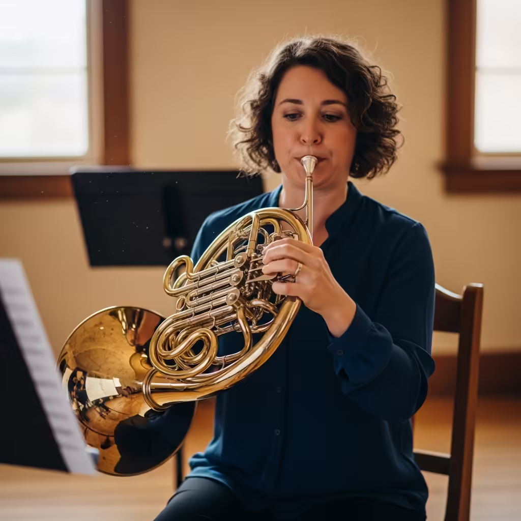 Adult woman playing the French horn during a music lesson, seated in a bright studio with sheet music in front of her.