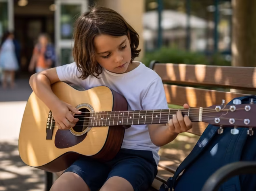Young child practicing acoustic guitar on a bench outside after school.