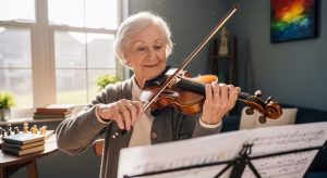 Older woman smiling while playing violin at home, showing memory and coordination benefits of music.