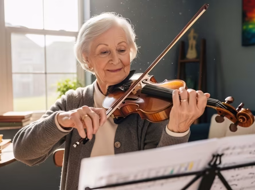 Older woman smiling while playing violin at home, showing memory and coordination benefits of music.
