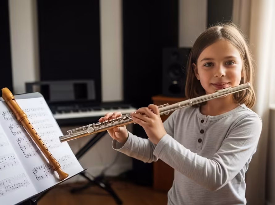Girl smiling while playing the flute with a recorder resting on her open beginner music book during a practice session.