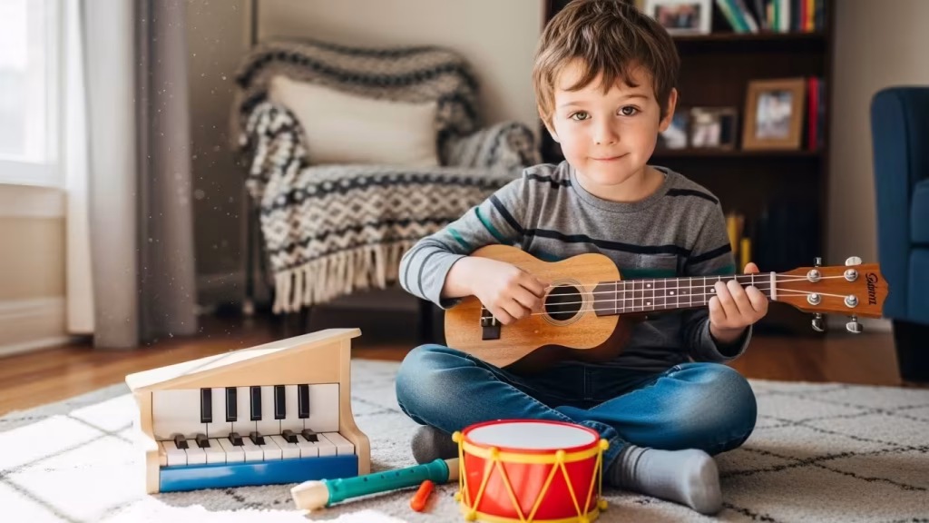Boy on a rug playing a small ukulele at home with toy instruments nearby.