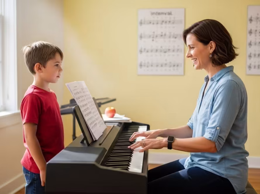 Child practicing vocals with headphones and microphone
