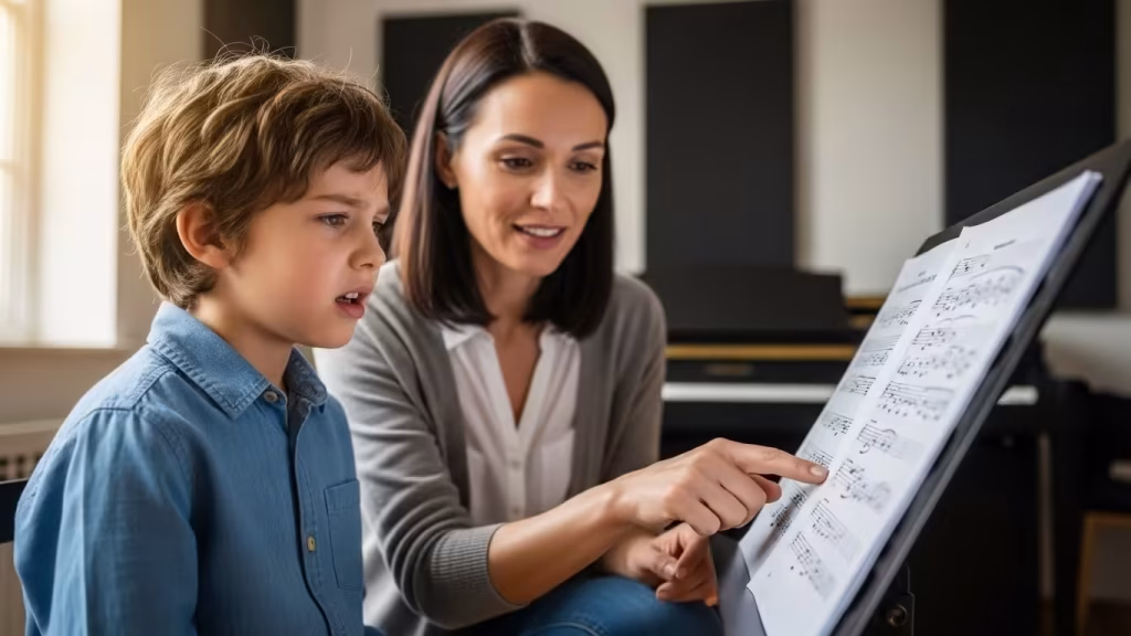 Group voice lesson with children singing together