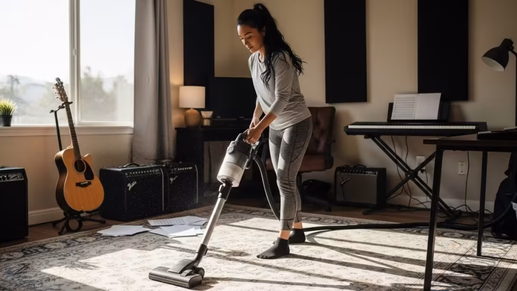 Vocalist cleaning a music studio to reduce dust and allergens