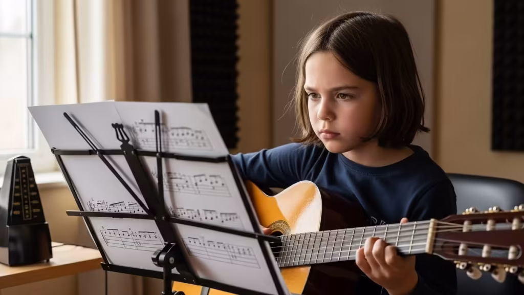 Child focusing on guitar practice while reading sheet music.