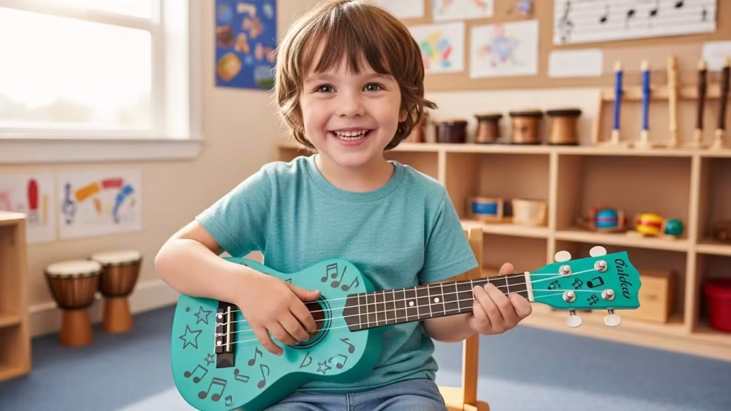 Happy boy playing a teal kids’ ukulele in a music room.